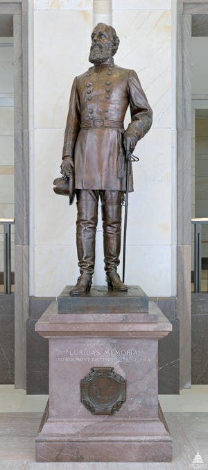 This undated image made available by the Architect of the Capitol, shows the statue of Confederate Gen. Edmund Kirby Smith in the U.S. Capitol in Washington,. In 2016 the Florida Legislature passed a bill calling for the removal of Smith's statue at the U.S. Capitol and put in place a process to replace him. The replacement has been blocked by Republican Rep. Scott Plakon and it appears that a new statue will not happen anytime soon. [ARCHITECT OF THE CAPITAL via AP]