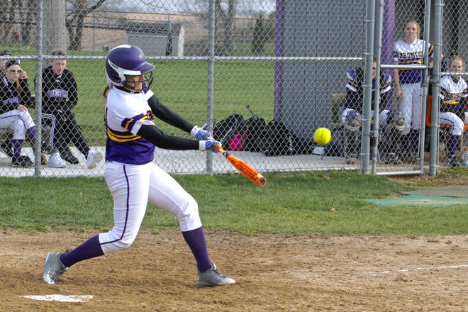 Orangeville's Kelsey Bollon belts a single Thursday, April 13, 2017, during a game against Dakota in Orangeville. Bollon went 5-for-6 at the plate in the Broncos' 22-10, six-inning victory. [SUSAN MORAN/THE JOURNAL-STANDARD CORRESPONDENT]