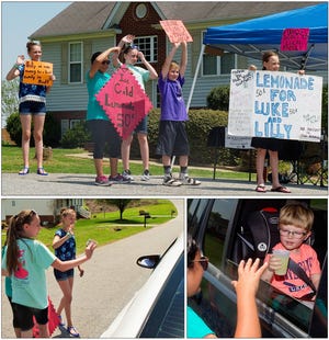 A group of youth, (top photo, from left) Sophia Everhart, Gloria Farhat, Kinsey Meador, Dawson Meador and Kelsey Everhart, operate a lemonade stand Saturday on Hidden Creek Drive to help two children, Luke and Lilly Snyder, whose family's house burned on Monday night. By selling lemonade and receiving donations on the street for three days, the youth had raised more than $700. At lower left, Kinsey and Sophia thank a driver who donated $5 to the group's cause. At lower right, Gloria waves good-bye to Aydan Shay after he bought a lemonade. Another lemonade stand on Frye Bride Road in the Windfield neighborhood had also raised about $150 for Luke and Lilly on Saturday. [Donnie Roberts/The Dispatch]