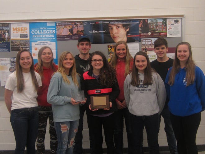The Scales Mound FFA competed March 28 in the Section 1 Horticulture Career Development Event in Dakota. Pictured, from left, back row, are Mickenzie Bass, Ryan Schiess, Kelsey Wienen and Jaxon Westbrook; front, Olivia Winter, Kaitlyn Pingel, Madison Frey, Kristy Kruger and McKenna Peart. [PHOTO PROVIDED]