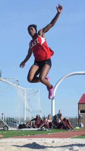 Pocono Mountain East senior Khyasia Caldwell jumped 20-feet-11 in a meet against Stroudsburg on Tuesday. It was a career-best jump for the two-time state champion in the long jump. [Keith R. Stevenson/Pocono Record]