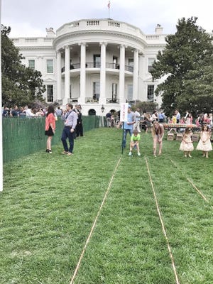 Center, Noah King, of Kings Mountain, prepares to roll an egg across the White House lawn for the annual White House Easter Egg Roll on Monday. [Special to The Star]