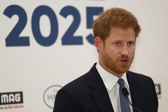 Britain’s Prince Harry delivers a keynote speech at an International Mine Awareness Day reception at Kensington Palace in London on April 4. The prince has opened about the mental struggles he has felt since the death of his mother. [KIRSTY WIGGLESWORTH/POOL PHOTO VIA AP]