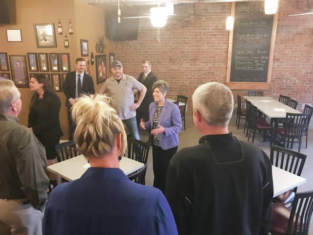 U.S. Sen. Joni Ernst made a brief stop in Boone on Tuesday at Boone Valley Brewing Co. on her way east after visiting locations in other counties. She toured the brewery facilities and visited with others at a private event. (Jason W. Brooks/News-Republican)