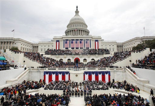 In this Jan. 20, 2017, file photo, President Donald Trump gives his inaugural address after being sworn in as the 45th president of the United States during the 58th Presidential Inauguration at the U.S. Capitol in Washington. Big money from billionaires, corporations and a roster of NFL owners poured into Donald Trump’s inaugural committee in record-shattering amounts, to pull off an event that turned out considerably lower-key than previous inaugural celebrations.