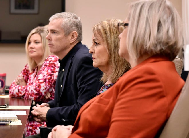 Duval County School Board members Becki Couch (from left), Scott Shine, Cheryl Grimes and Lori Hershey attend a special meeting Wednesday to discuss Superintendent Nikolai Vitti’s possible move to Detroit. (Will Dickey/Florida Times-Union)