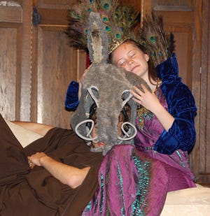 Nick Bottom the donkey (Johannes Olson) appears with Titania, queen of the fairies (Helen Schlueter) in "Midsummer Night's Dream." [NANCY HASTINGS PHOTO]