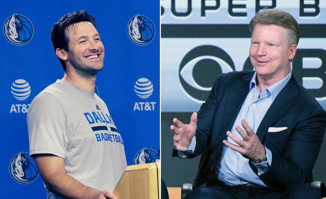 At left, in an April 11, 2017 photo, former Dallas Cowboys quarterback Tony Romo laughs while speaking to reporters in Dallas. At right, in a Jan. 12, 2016 photo, Phil Simms participates in the "CBS Sports" panel at the CBS 2016 Winter TCA, in Pasadena, Calif. Simms is heading to the studio as part of the CBS program "NFL Today." Simms, recently replaced in the broadcast booth by Romo when the Cowboys quarterback retired from playing, has experience working in a studio setting with Showtime's "Inside the NFL." (AP Photo/File)
