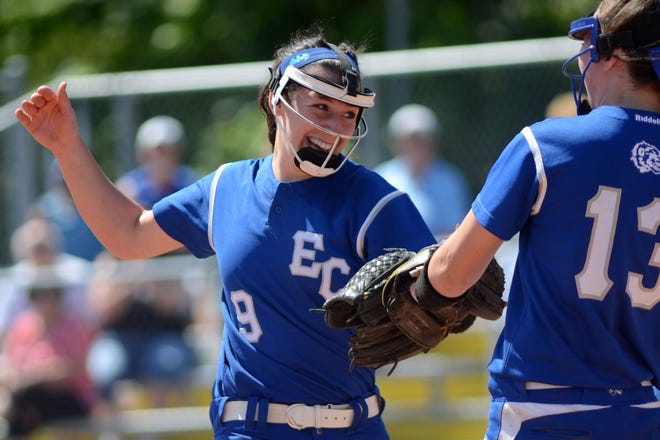 Ellwood City pitcher Skyla Greco celebrates with her sister Natalia, right, after catching a line drive against Steel Valley during a game last season.
