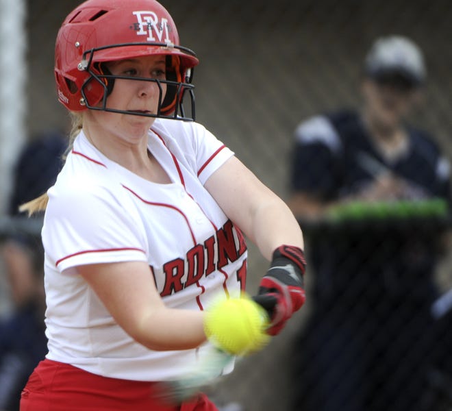 Pocono Mountain East's Lindsay Palmer gets a piece of one as she bats during the Cardinals' softball game with Liberty on Thursday. [Keith R. Stevenson/Pocono Record]