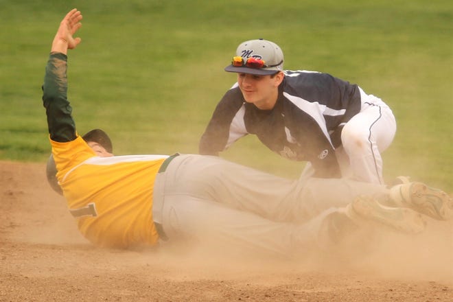 Monmouth-Roseville second baseman Conner Olson makes the out on A-Town runner Hunter Darst in the top of the third inning at Sunny Lane on Friday. The Tornadoes topped the Titans 19-3. [Ruth Kenney/GateHouse Media Illinois]¬†