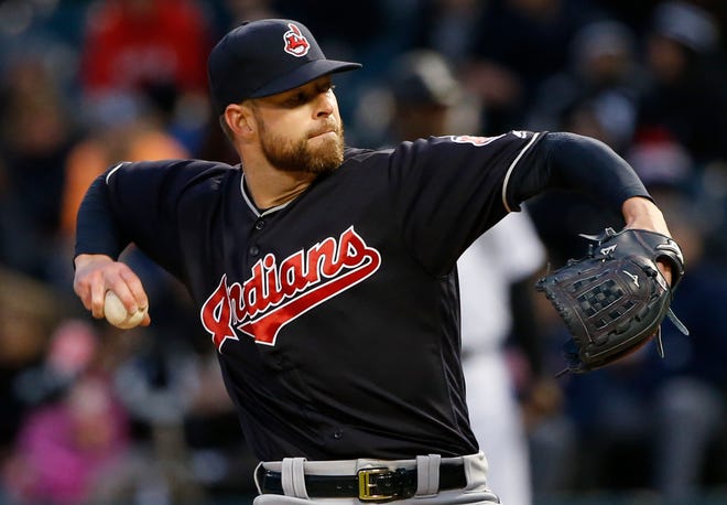 Cleveland Indians starting pitcher Corey Kluber throws against the Chicago White Sox during the first inning of a baseball game Friday, April 21, 2017, in Chicago. (AP Photo/Nam Y. Huh)