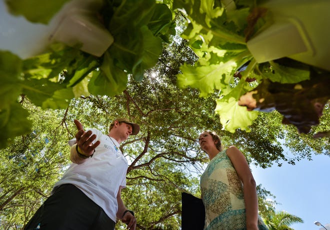 Jorden McPherson, left, co-owner of Southern Aeroponic Solutions, left, makes the case for vertical farming and growing locally with Christine Quigley of Sarasota during an Earth Day Festival at Five Points Park on Friday. Dozens of local advocates pushed for a clean and sustainable earth during the event. [HERALD-TRIBUNE STAFF PHOTO / DAN WAGNER]