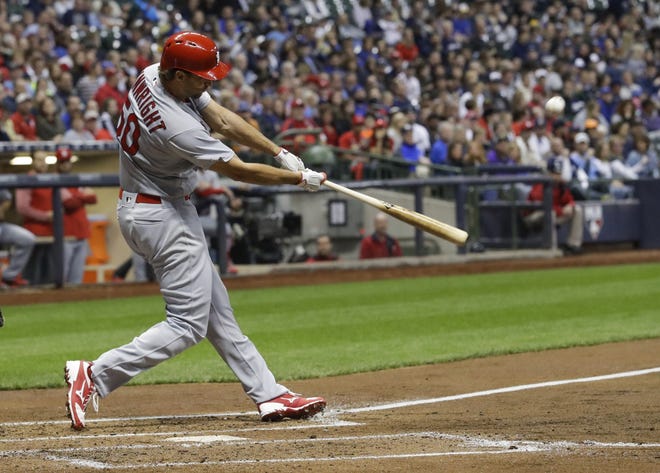 St. Louis Cardinals' Adam Wainwright hits a two-run home run during the third inning of a baseball game against the Milwaukee Brewers Friday, April 21, 2017, in Milwaukee. (AP Photo/Morry Gash)