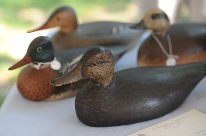 These Elmer Crowell decoys, part of a private collection, were displayed at a bird carving and decoy show last summer at the Elmer Crowell Barn at Brooks Academy Museum in Harwich. [Merrily Cassidy/Cape Cod Times file]