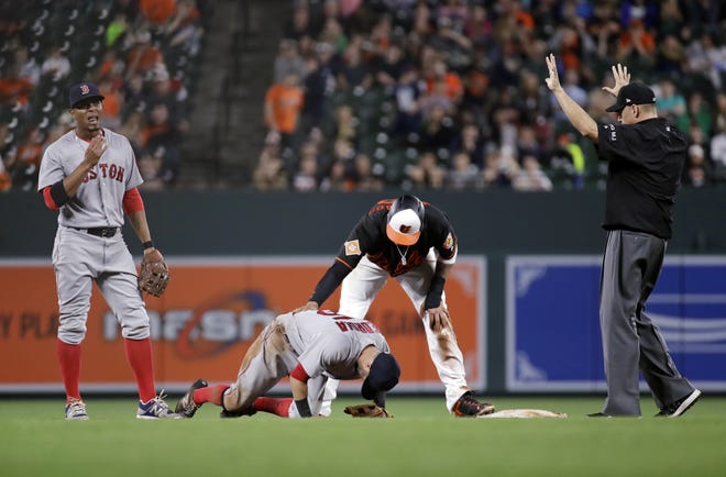 Red Sox second baseman Dustin Pedroia struggles to stand after colliding with Baltimore Orioles' Manny Machado. Red Sox manager John Farrell was unhappy with how the umpires handled the situation. [AP Photo/Patrick Semansky]