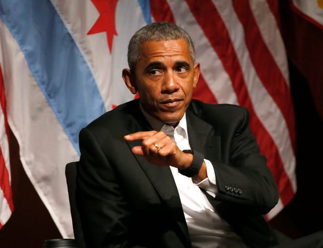 Former President Barack Obama hosts a conversation on civic engagement and community organizing, Monday, April 24, 2017, at the University of Chicago in Chicago. It's the former president's first public event of his post-presidential life in the place where he started his political career. THE ASSOCIATED PRESS