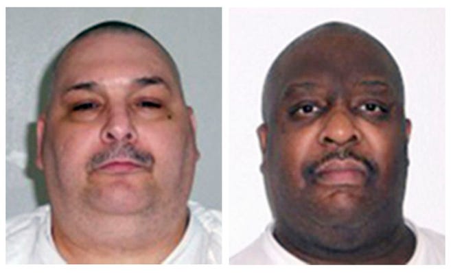 This combination of undated file photos provided by the Arkansas Department of Correction shows death-row inmates Jack Jones, left, and Marcel Williams. The two Arkansas inmates scheduled to be put to death Monday, April 24, 2017, in what could be the nation's first double execution in more than 16 years have asked an appeals court to halt their lethal injections because of poor health.