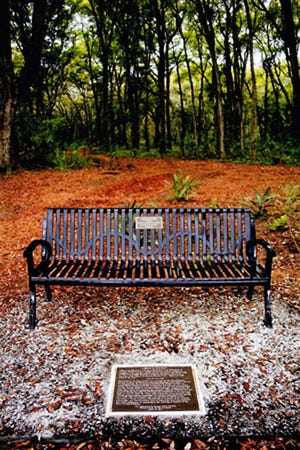 The Toni Morrison Society's Bench by the Road Project places benches at sites of African-American historical significance. Pictured is a bench in Mitchelville, South Carolina.