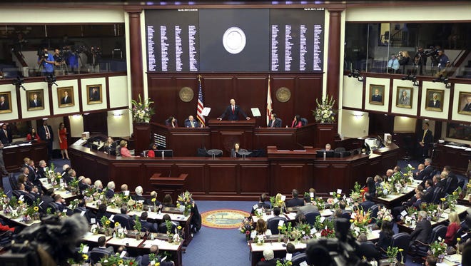 Gov. Rick Scott delivers his state of the state address to the joint session of the Florida legislature, Tuesday, March 7, 2017, in Tallahassee, Fla. (Steve Cannon/Associated Press)