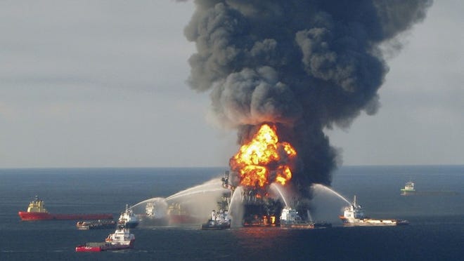 The Deepwater Horizon oil rig burns in the Gulf of Mexico on April 21, 2010, in this image distributed by the U.S. Coast Guard.