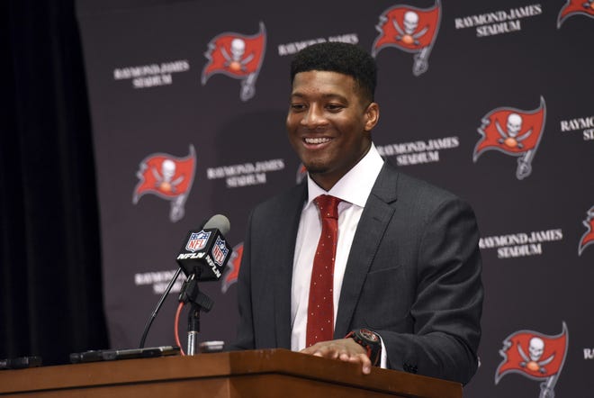 Tampa Bay Buccaneers quarterback Jameis Winston (3) speaks to the media following a game against the Carolina Panthers on Jan. 1 in Tampa. The Buccaneers are seeking help for Winston. Whether the team uses the 19th pick in the NFL draft to select another offensive playmaker or to try to bolster an improving defense, the opening round is all about adding someone who increases Winston's chances of being successful. [AP Photo / Jason Behnken]