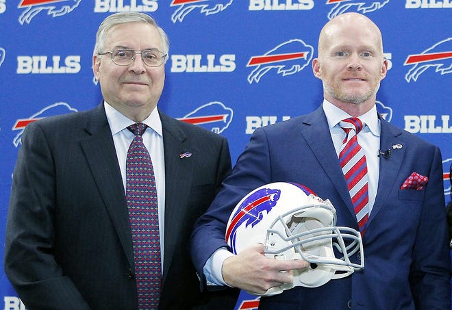 In this Jan. 13 file photo, Buffalo Bills NFL football team new head coach Sean McDermott poses for a photograph with team owner Terry Pegula, left, during a press conference in Orchard Park. Don’t underestimate the impact Bills first-time coach Sean McDermott has had on Buffalo’s multi-sport franchise owner Terry Pegula. When Pegula outlined last week the issues he found lacking — discipline, structure and character — in his NHL Sabres, they resemble the same troubles he believes he addressed in hiring the 42-year-old, detail-oriented McDermott, who will have a prominent influence in the Bills draft this week. [JEFFREY T. BARNES/AP]
