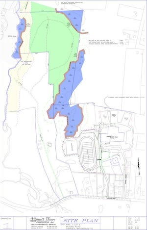 The land in green at top shows the 17.4 upland usable acres with the blue and brown showing wetlands and riverfront area, totaling 9.6 acres, that couldn't be built upon.
