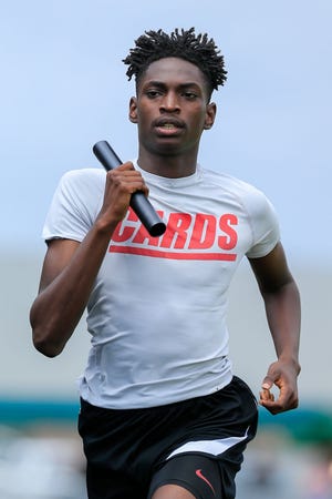 Jacksonville's Jazire Notice runs a leg in one of the relay races in last week's Onslow County meet in Swansboro. Notice will run for the N.C. Central track and field team next season. [John Sudbrink/The Daily News]