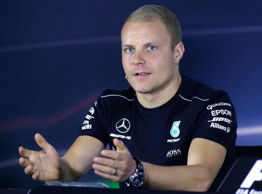 Mercedes driver Valtteri Bottas of Finland speaks during a news conference at the 'Sochi Autodrom' Formula One circuit, in Sochi, Russia, Thursday, April 27, 2017. The Russian Formula One Grand Prix will be held on Sunday April 30. (AP Photo/Sergei Grits)