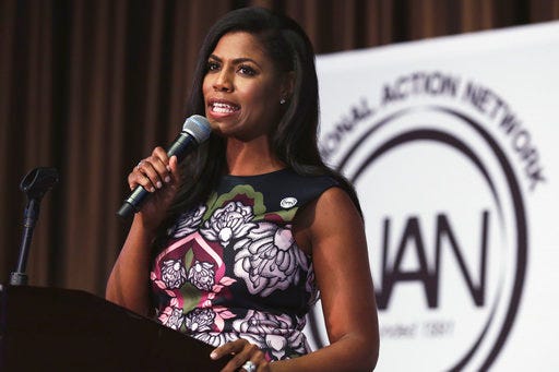 Omarosa Manigault, political aide and communications director for the Office of Public Liaison at the White House under President Donald Trump's administration, speaks at the Women's Power Luncheon of the 2017 National Action Network convention, in New York, Thursday, April 27, 2017. Manigault was a contestant on Trump's reality competition series, "The Apprentice." (AP Photo/Richard Drew)