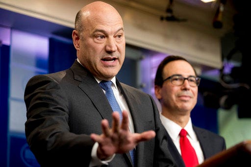 National Economic Director Gary Cohn, left, accompanied by Treasury Secretary Steve Mnuchin, speaks in the briefing room of the White House, in Washington, Wednesday, April 26, 2017, where they discussed President Donald Trump tax proposals. (AP Photo/Andrew Harnik)