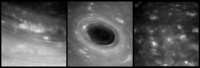 This combination of April 26, 2017 images show features in Saturn's atmosphere from closer than ever before. The view was captured by NASA's Cassini spacecraft as it became the first spacecraft to venture between Saturn and its rings. [JPL-Caltech/Space Science Institute/NASA via AP]