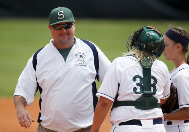 Shelton State head coach Buddy Boyle visits catcher Holly Murray and pitcher Mega Garst during Shelton State's game with Wallace State Monday, April 11, 2017. [Staff Photo/Gary Cosby Jr.]