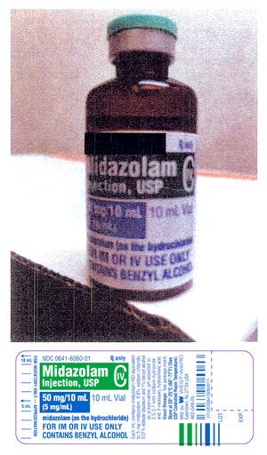 FILE - This combination of file photos shows one of the three drugs that the Arkansas Department of Correction (ADC) purchased to perform several executions. The top photo, provided by the ADC, shows a bottle of Midazolam, with the manufacturer's information blacked out by the ADC. The bottom photo, provided by the U.S. Food and Drug Administration, shows the label for Midazolam. Arkansas has executed three inmates in the past week using midazolam, a sedative that’s been the subject of multiple court challenges since it was first used by Florida in 2013. (Arkansas Department of Correction/FDA via AP, File)