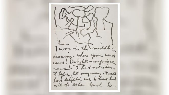 Philip Guston penned this 1964 note to poet-painter Elise Asher on the drawing he was working on when he received a card from her. The letter is among the 38 missives by 32 artists included in “Pen to Paper: Artists’ Handwritten Letters from the Smithsonian’s Archives of American Art” on view at the Norton Museum. Credit: Archives of American Art, Smithsonian Institution; reproduced with permission of Musa Mayer