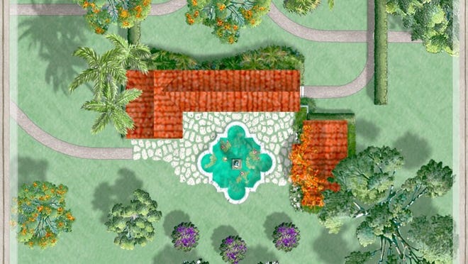 A rendering shows the Tea House area of Bradley Park with the Artemis fountain relocated and a plaza of flagstone and grass joints around the fountain. Courtesy of SMI Landscape Architecture.