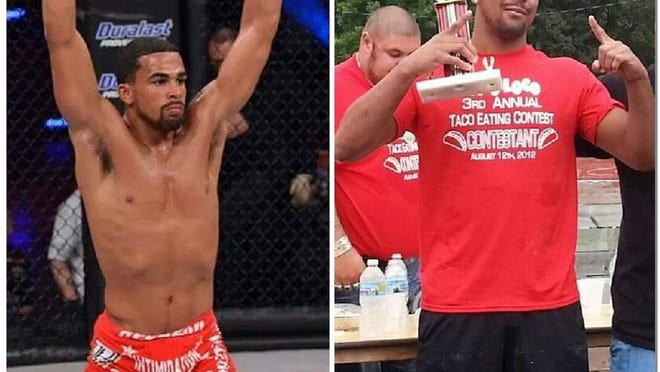 Jordan Parsons, the mixed martial arts fighter killed in a hit-and-run in Delray Beach, is shown in the ring and celebrating his victory as the ‘2012 Taco King.’ Parsons set a record by eating 23 tacos in 10 minutes in a contest annually held by Taco Loco in Shakopee, Minn. (Photo courtesy of Taco Loco)