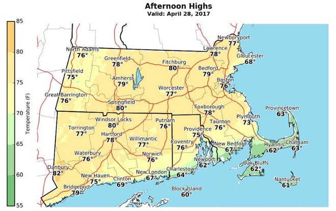 The National Weather Service tweeted this image Thursday afternoon, showing likely highs for Friday. According to this morning's forecast, the temperature in Providence could go a couple degrees higher.