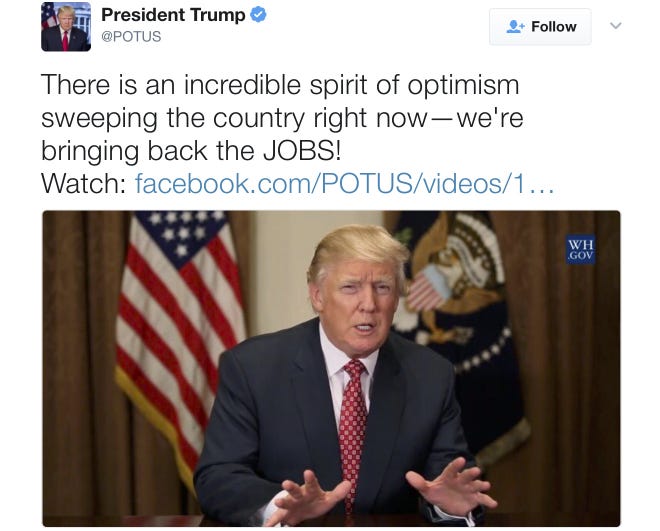 In this March 6, 2017 image, a posting from President Donald Trump's Twitter account, @POTUS. They are the 140-character bursts that have helped define the first 100 days of the Trump presidency. But they seem to be losing some of their impact.President Donald Trump's traction on his medium choice has slipped, as his tone and button-pushing tendencies have cooled. THE ASSOCIATED PRESS