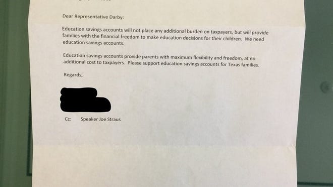 Hundreds of letters like this one sent to State Rep. Drew Darby, R-San Angelo, were sent to other legislators. State Rep. Gina Hinojosa, D-Austin, says that the letters are fraudulent and has asked the Travis County district attorney’s office to investigate.
