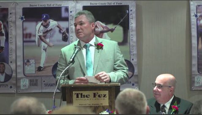 Ambridge High School baseball coach Shawn Holman gives a speech as a part of the induction ceremony at the Beaver County Sports Hall of Fame on Sunday at The Fez in Hopewell Township. Holman was named a member of the Hall's Class of 2017 after a 17-year baseball career as a pitcher that included five games pitched in relief in the MLB. Holman played in over 450 professional games in his career across the United States, Mexico, Canada and Puerto Rico.
