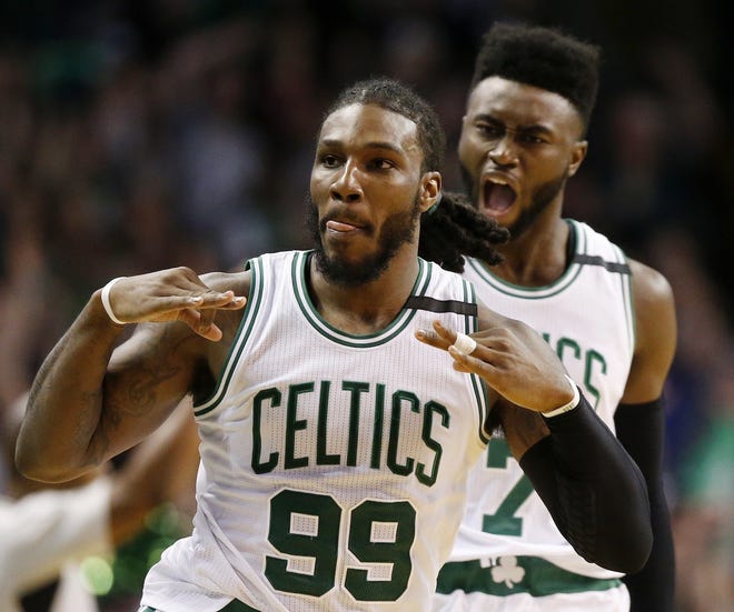 Celtics forward Jae Crowder (99) celebrates after hitting a 3-pointer during the fourth quarter of Boston's 123-111 win over the Wizards in Game of their second-round playoff series.