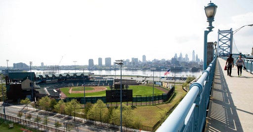 In this Thursday, April 20, 2017 photo, people walk along the Benjamin Franklin Bridge in view of the Campbell's Field in Camden, N.J. The stadium that was once hailed as a sign of the bright future of the waterfront in the poverty-stricken city is now mostly empty and in the way of millions of development fueled partly by tax breaks around it. (AP Photo/Matt Rourke)