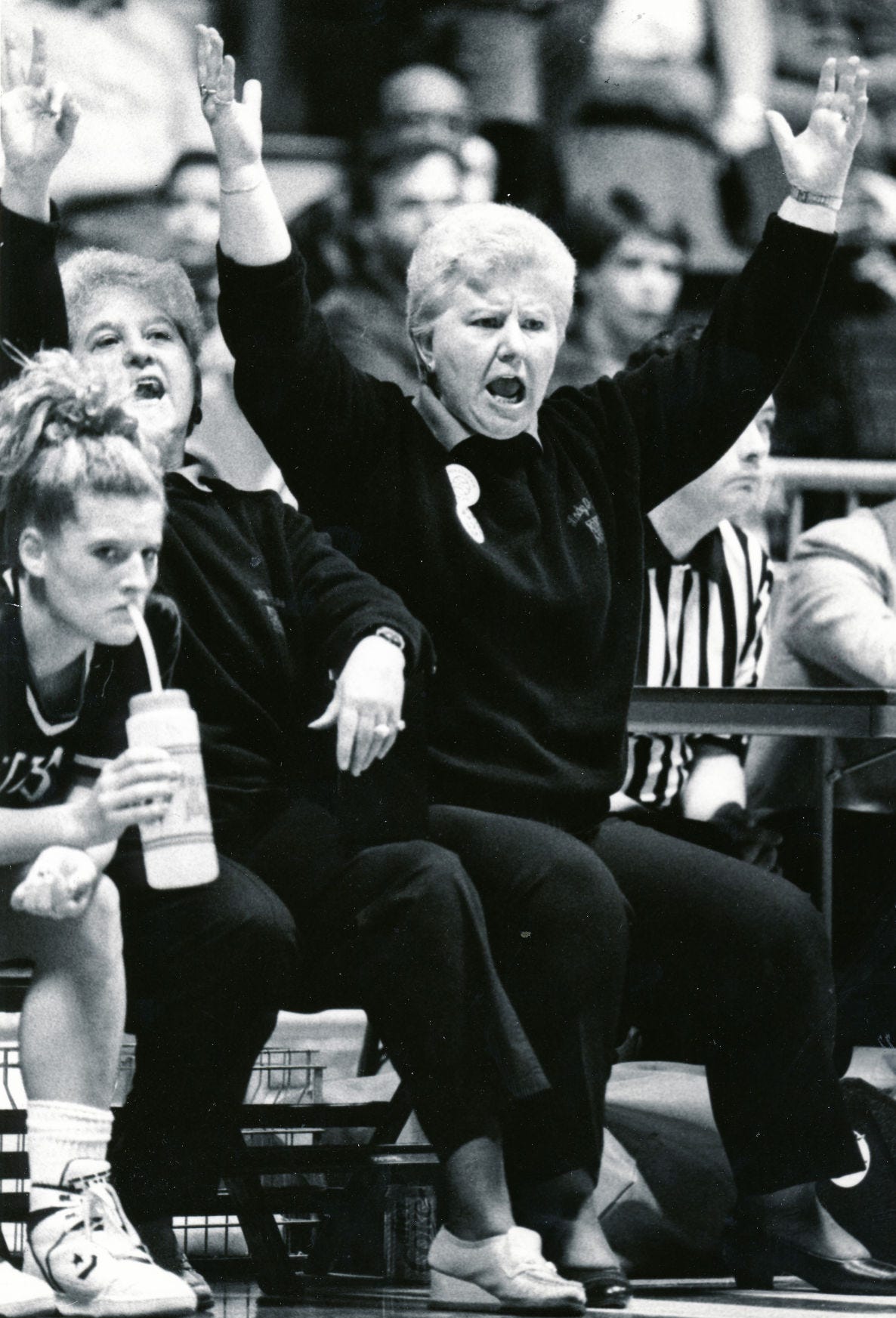 Aliquippa girls basketball coach Donna Richey reacts from the bench in 1990.