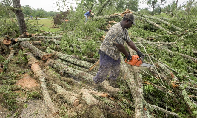 Workers clear scores of trees blown down on Stowers Road in Montgomery County, Ala., following morning storms on Thursday, April 27, 2017. MICKEY WELSH/THE ASSOCIATED PRESS