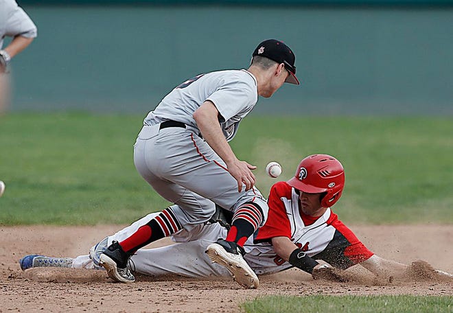 Bridgewater-Raynham's John Stork steals second base in the second inning of play against Brockton on Monday, May 1, 2017.
