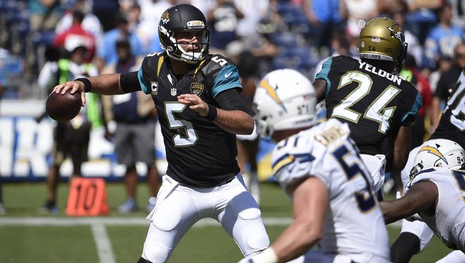 Jaguars quarterback Blake Bortles looks to throw a pass against the San Diego Chargers last September. (AP Photo/Denis Poroy)
