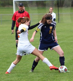 Josie Miller, of Hillsdale, squares off against a Quincy defender. [ANDREW KING PHOTO]