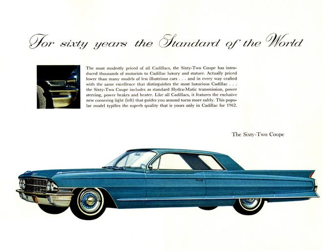 Advertisement for a 1962 Cadillac in turquoise blue. The Cadillacs were always beautiful designs in full-size dimensions and offering luxurious accommodations. (Ad compliments of Cadillac)